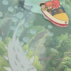 May include: An animated scene depicts two children in a yellow and red boat, navigating a waterway. A large, light gray fish swims below, with bubbles and aquatic life surrounding the boat. Lush green trees and a road are visible.