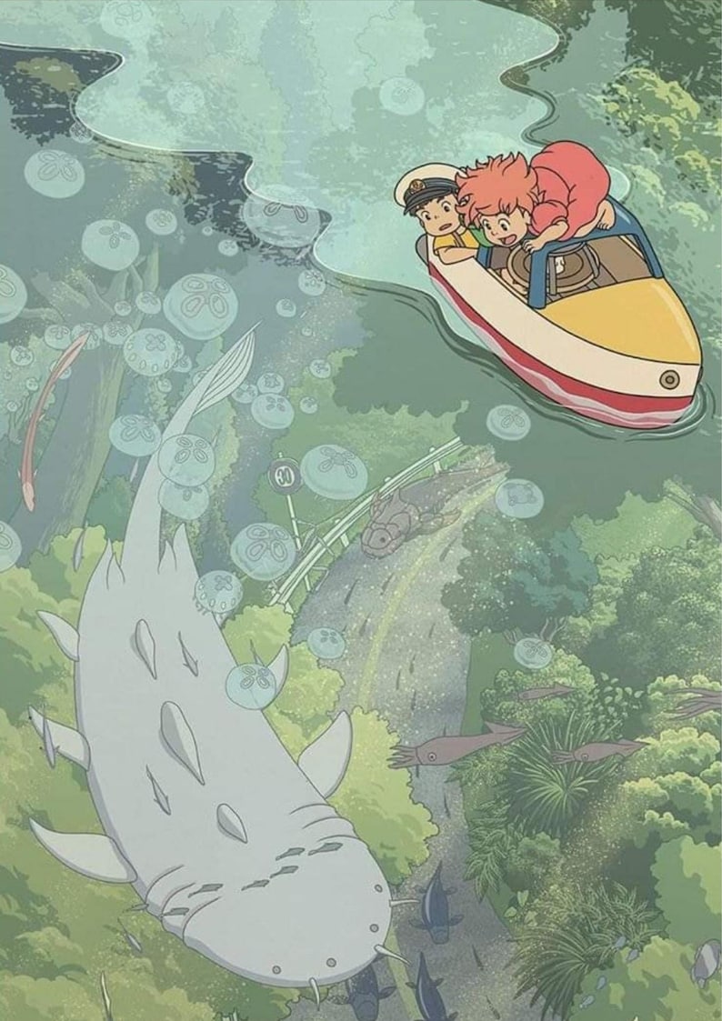 May include: An animated scene depicts two children in a yellow and red boat, navigating a waterway. A large, light gray fish swims below, with bubbles and aquatic life surrounding the boat. Lush green trees and a road are visible.