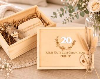 Personalisierte Geschenkbox 20. Geburtstag – Holzbox mit Namen – Geldgeschenk zum 20. – Geschenk für Jungen & Mädchen – Wunschtext