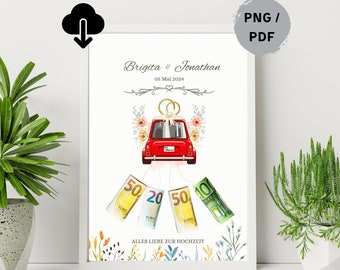 Hochzeitsauto | Personalisierte Hochzeit Geldgeschenk | DIY Geldgeschenkidee | Digitaler PDF/PNG A4 Hochzeitsgeschenke | Brautpaar Geschenk.