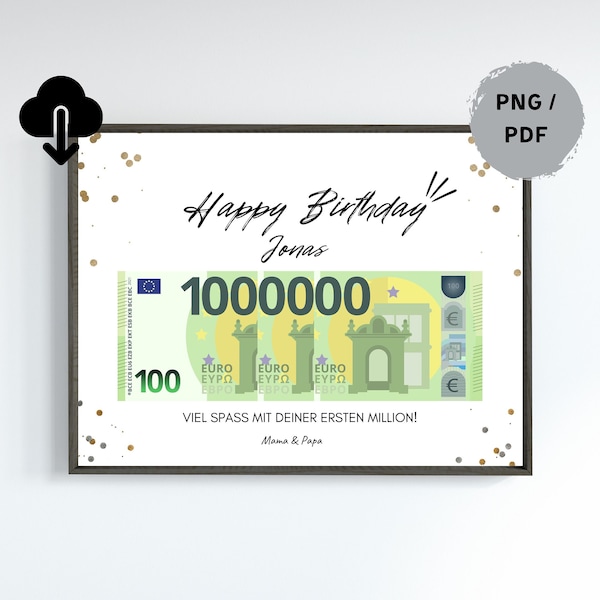 Personalisiertes Geburtstag Geldgeschenk, Deine erste Million, Sofortige  digitale Download, PDF  A4 zum Ausdrucken, Geschenkidee, 100 Euro.