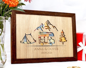 Personalized wedding money gift caravan | DIN A5, A4 or A3 in a real wood frame | Wedding gift for travelers.