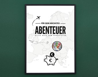 Geldgeschenk Geburtstag, PDF Datei, Geldgeschenk zum Ausdrucken, Geburtstagsgeschenk Abenteuer Reise, runder Geburtstag, Reisekasse, Deutsch