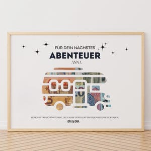 Personalisierte Geldgeschenk Reise | Für dein nächstes Abenteuer – personalisiert mit Name – Wohnmobil A4 mit Rahmen.