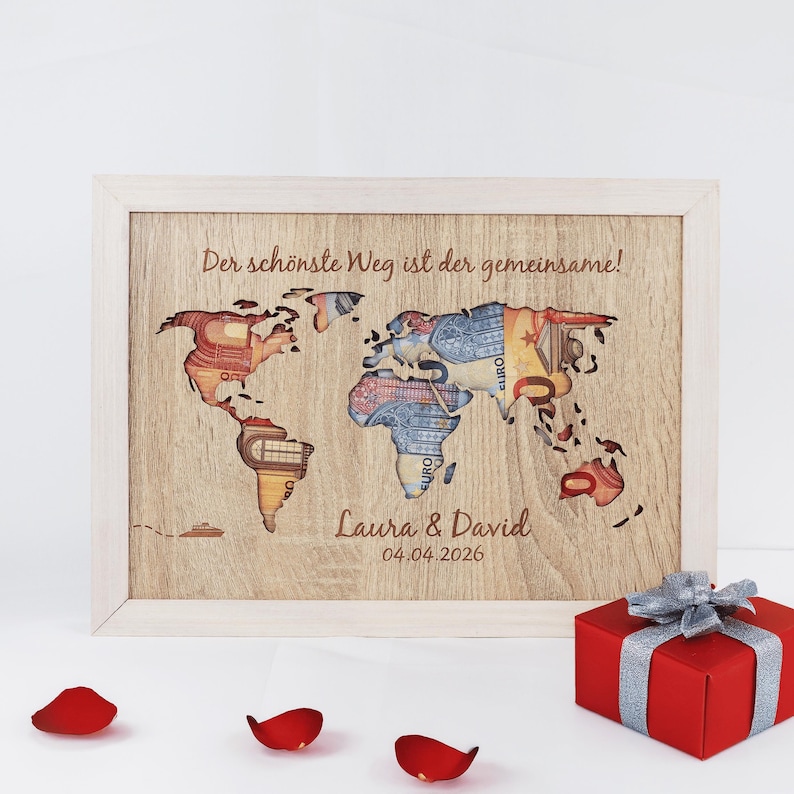 Personalisiertes Geldgeschenk zur Hochzeit Weltkarte | DIN A5, A4 oder A3 im Echtholzrahmen | Hochzeitsgeschenk für Reisende. Echtholz Weiß