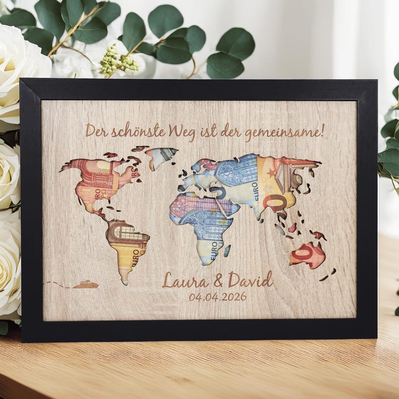 Personalisiertes Geldgeschenk zur Hochzeit Weltkarte | DIN A5, A4 oder A3 im Echtholzrahmen | Hochzeitsgeschenk für Reisende. Echtholz Schwarz