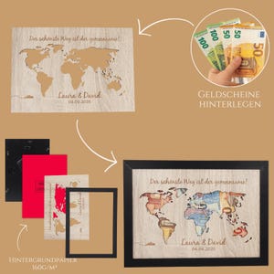 Personalisiertes Geldgeschenk zur Hochzeit Weltkarte | DIN A5, A4 oder A3 im Echtholzrahmen | Hochzeitsgeschenk für Reisende. 画像 4