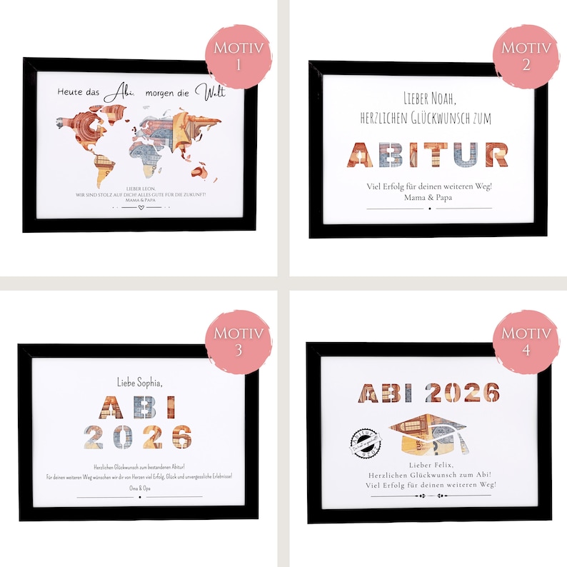 Pu&ograve; includere: Quattro stampe incorniciate a tema diploma con testo in tedesco. I design includono una mappa del mondo fatta di banconote, la parola ABITUR, il testo ABI 2026 e un grafico con tocco da laureato. Ogni stampa &egrave; in una cornice nera.