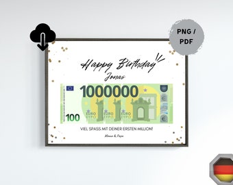 Personalisiertes Geburtstag Geldgeschenk, Deine erste Million, Sofortige  digitale Download, PDF  A4 zum Ausdrucken, Geschenkidee, 100 Euro.