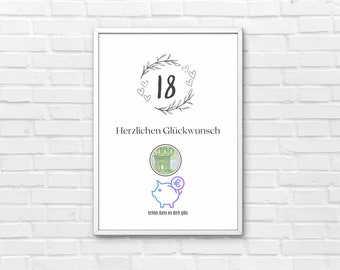 Geldgeschenk 18, Geburtstag, Geburtstagsgeschenk, Bilderrahmen, digitale Download, PDF DIN A4/A3 zum Ausdrucken, lustige Geschenkidee.