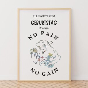 Personalisierte Geburtstag Geldgeschenk Hai, DIY Geburtstag Fitness Geschenkidee, Hanteln No Pain No Gain, DIN A4 Bilderrahmen Schwarz Weiß.