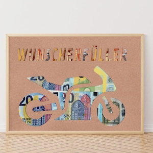 Wunscherfüller Geburtstag Geldgeschenk Kraftpapier, Motorrad DIY Geburtstag Geldgeschenk, DIN A4 Bilderrahmen, Perfekt ausgeschnitten.