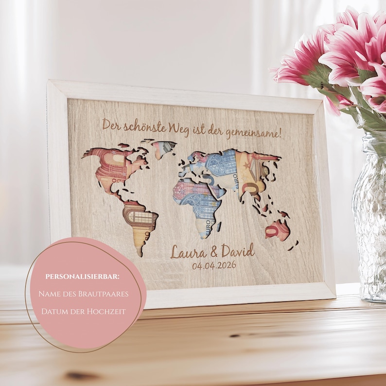Personalisiertes Geldgeschenk zur Hochzeit Weltkarte | DIN A5, A4 oder A3 im Echtholzrahmen | Hochzeitsgeschenk für Reisende. 画像 3
