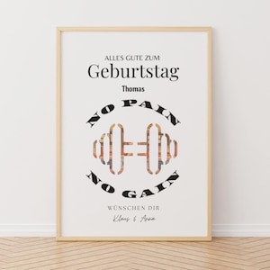 Personalisierte Geburtstag Geldgeschenk, DIY Geburtstag Fitness Geschenkidee, Hanteln No Pain No Gain, DIN A4 Bilderrahmen Schwarz Weiß.