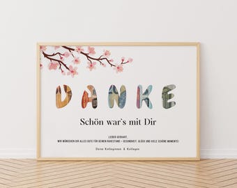 以下が含まれることがあります： 白い背景にピンクの桜の枝が左上に描かれた額装されたプリント。大きな文字で「DANKE」と紙幣で書かれており、その下に「Schön war's mit Dir」というテキストと、誰かの退職を祝うメッセージが書かれている。