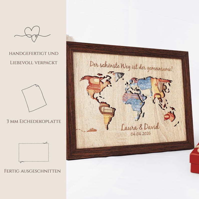Personalisiertes Geldgeschenk zur Hochzeit Weltkarte | DIN A5, A4 oder A3 im Echtholzrahmen | Hochzeitsgeschenk für Reisende. 画像 2