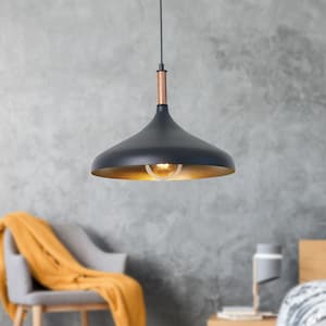 Luzarana Lampe à suspension blanche et dorée d'inspiration scandinave, câble réglable de 35 cm, forme minimaliste avec détails en bois, plafonnier moderne en métal Noir