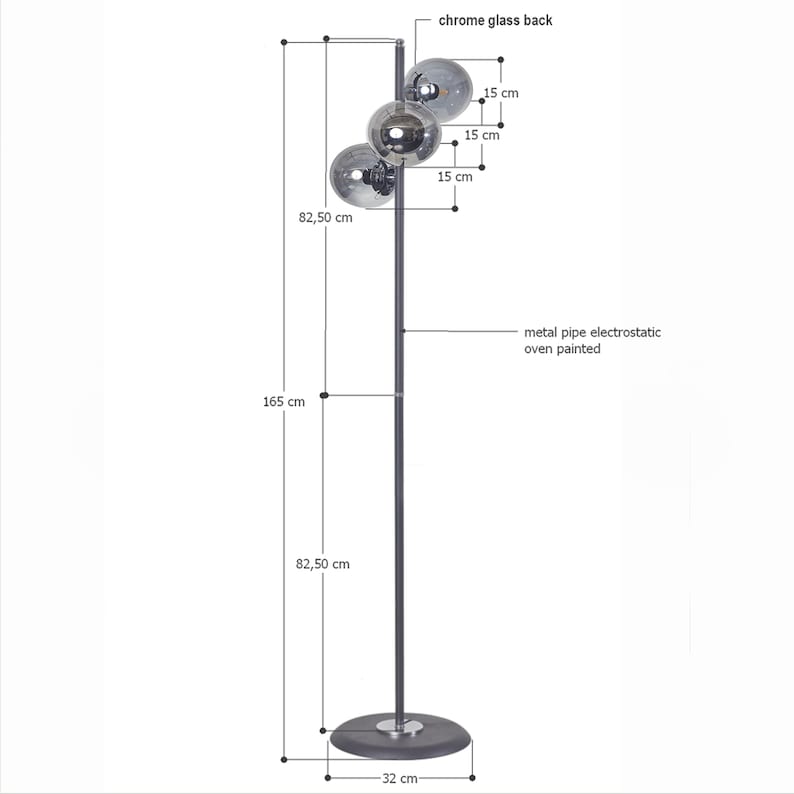 Élégant lampadaire globe en verre fumé triple, métal noir avec touches de chrome, luminaire sur pied contemporain design de luxe multi-lumières image 5