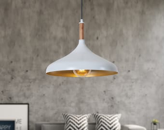 Luzarana Lampe à suspension blanche et dorée d'inspiration scandinave, câble réglable de 35 cm, forme minimaliste avec détails en bois, plafonnier moderne en métal