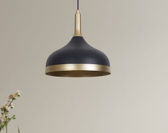 Modern Matte Black Pendant Light with Gold Interior, Sleek Hanging Lamp with Metallic Accents for Elegant Unique Home Office Cafe Decor