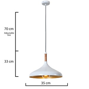 Luzarana Lampe à suspension blanche et dorée d'inspiration scandinave, câble réglable de 35 cm, forme minimaliste avec détails en bois, plafonnier moderne en métal image 4