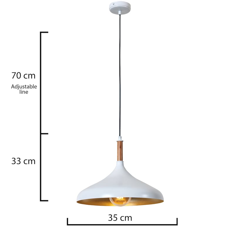 Luzarana Lampe à suspension blanche et dorée d'inspiration scandinave, câble réglable de 35 cm, forme minimaliste avec détails en bois, plafonnier moderne en métal image 4