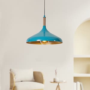 Luzarana Lampe à suspension blanche et dorée d'inspiration scandinave, câble réglable de 35 cm, forme minimaliste avec détails en bois, plafonnier moderne en métal Bleu