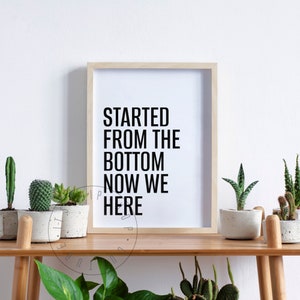 May include: A black and white framed print with the text "Started from the bottom now we here" on a white background. The print is sitting on a wooden shelf with several potted plants.