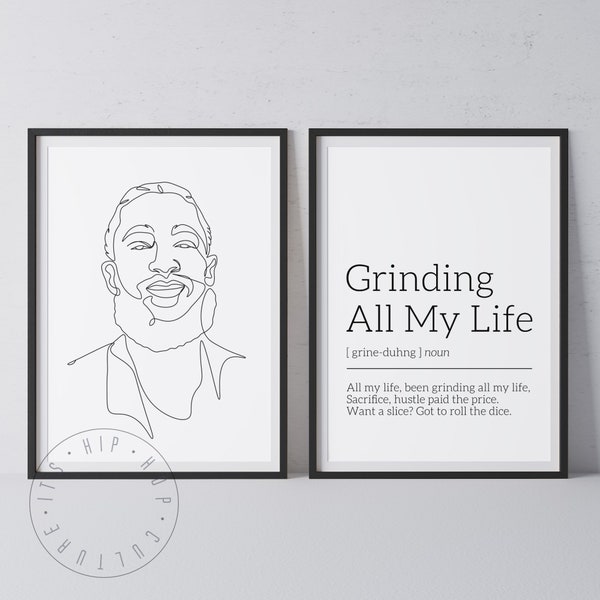 Set of 2 Rap Posters Grinding All My Life Definition Rapper Line Art Rapper Lovers Hip Hop Poster Rap Music Lyrics Poster Hip Hop Fan Art