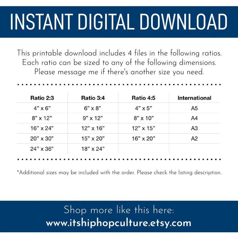 Puede incluir: Un gr&aacute;fico que muestra diferentes tama&ntilde;os de archivos imprimibles para descargas digitales. El gr&aacute;fico incluye cuatro columnas: Ratio 2:3, Ratio 3:4, Ratio 4:5 e Internacional. Cada columna enumera diferentes dimensiones en pulgadas, como 4" x 6", 8" x 12", 16" x 24", 20" x 30" y 24" x 36". La columna Internacional enumera los tama&ntilde;os de papel est&aacute;ndar, como A5, A4, A3 y A2.