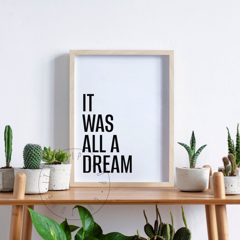 Puede incluir: Una impresi&oacute;n en blanco y negro enmarcada con el texto "IT WAS ALL A DREAM" sobre un fondo blanco. La impresi&oacute;n est&aacute; sentada en un estante de madera con varias suculentas en macetas.