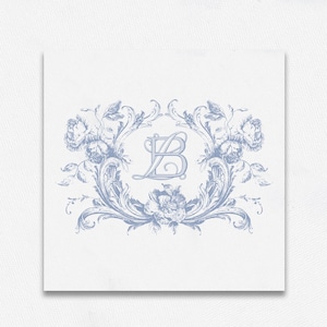 Puede incluir: Un diseño floral azul claro con las letras entrelazadas "LB" en un marco circular. El diseño está rodeado de elementos florales y de hojas ornamentados sobre un fondo blanco. La estética general es elegante y vintage.