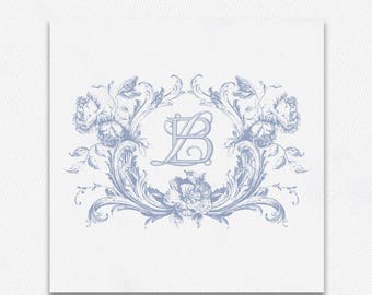 Vintage Hochzeits-Monogramm-Wappen: Eleganter Blumenrahmen (Instant Download, PDF, PNG, JPEG)