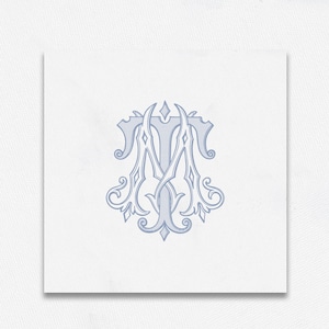 Peut inclure: Un monogramme bleu clair avec les lettres entrelacées "M" et "T" dans un style orné. Le motif est centré sur un fond blanc, créant une esthétique classique et sophistiquée, adapté à la papeterie ou aux articles personnalisés.