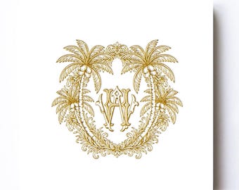 Custom Wedding Monogram Logo Design : Vintage Palm Tree & Coconut Crest Logo (Digital Download)