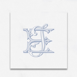 May include: A light blue monogram featuring the intertwined letters "E" and "F" in an ornate, vintage style. The design includes decorative flourishes and is set against a white background, suitable for stationery or wedding invitations.