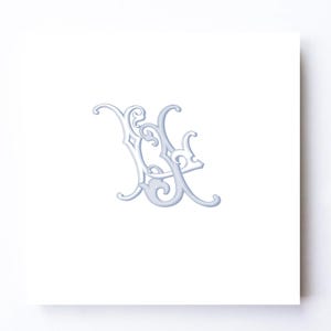 May include: A light periwinkle blue monogram featuring the intertwined letters V and K, designed with an ornate, swirling calligraphic style. The letters have a dimensional appearance with subtle shading, creating a decorative emblem.