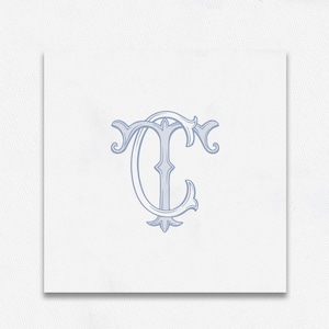 May include: A light blue monogram design featuring the intertwined letters "TC" on a white background. The elegant, vintage-style initials are intricately detailed with decorative flourishes, perfect for personalized stationery or wedding invitations.
