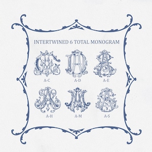 Op de afbeelding: Zes verschillende monogramontwerpen met verweven letters. De ontwerpen zijn gelabeld A-C, A-D, A-E, A-H, A-M en A-S.