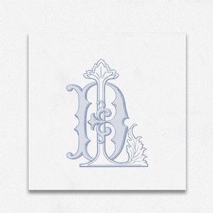 Könnte beinhalten: Ein blaues Monogramm-Initial "D" mit verzierten Verzierungen und einem stilisierten floralen Design.