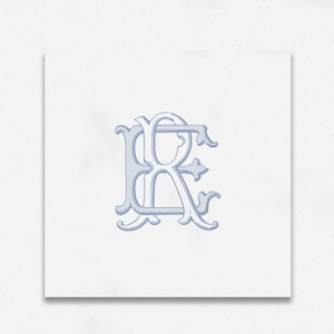 Puede incluir: Un monograma azul claro con las letras "ER" en un estilo ornamentado y vintage. El diseño está centrado en un fondo cuadrado blanco. Las letras están detalladas con líneas finas, creando una apariencia texturizada.