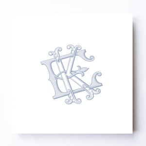 May include: A light blue monogram design featuring the letters E, K, and C intertwined. The letters have an ornate, vintage style with decorative flourishes and are set against a white background. The design is centered on a square card.