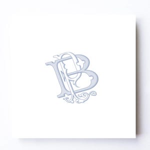May include: A light blue monogram featuring the intertwined letters "B" and "A" in an elegant, vintage style. The design is set against a white background, with decorative flourishes.