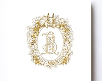 Custom Wedding Monogram Logo Design : Vintage Crest Oak & Acorn Logo (Digital Download)
