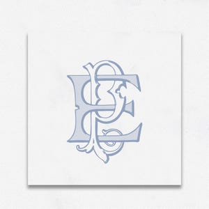 May include: A blue monogram with the letters "E" and "P" intertwined. The letters are in a decorative, stylized font.