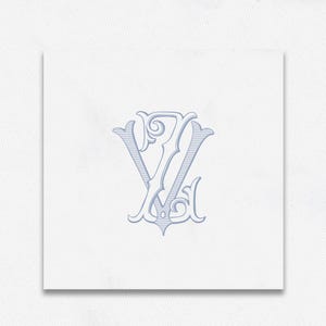 May include: A white square card featuring a light blue monogram design. The monogram is an ornate combination of the letters "V" and "Y", with decorative flourishes and a classic, elegant style. The card has a subtle texture.