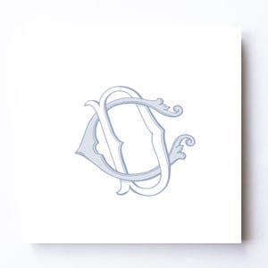 May include: A light blue monogram design featuring the intertwined letters "C" and "J" in an elegant, ornate script. The design is set against a white background, creating a classic and sophisticated look. The letters have a detailed, engraved appearance.