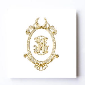 Escudo de monograma de boda vintage personalizado: elegante logotipo con marco de corona de laurel (descarga digital)