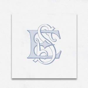May include: A blue and white monogram with the letters "ES" intertwined. The letters are in a traditional, ornate font.