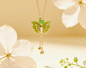 Collar de jade verde mariposa, plata 925 chapada en oro de 14 quilates, joyería de estilo elegante, regalo para ella